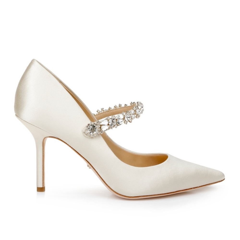 Elegant Badgley Mischka White Satin Mary Jane Heels with Crystal Strap